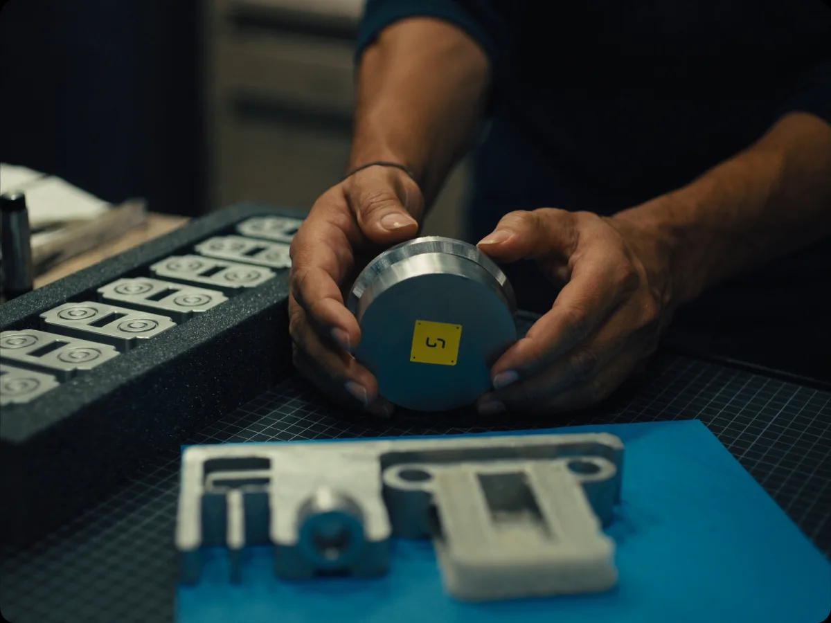 Engineer sorting candidate metal parts on a workbench