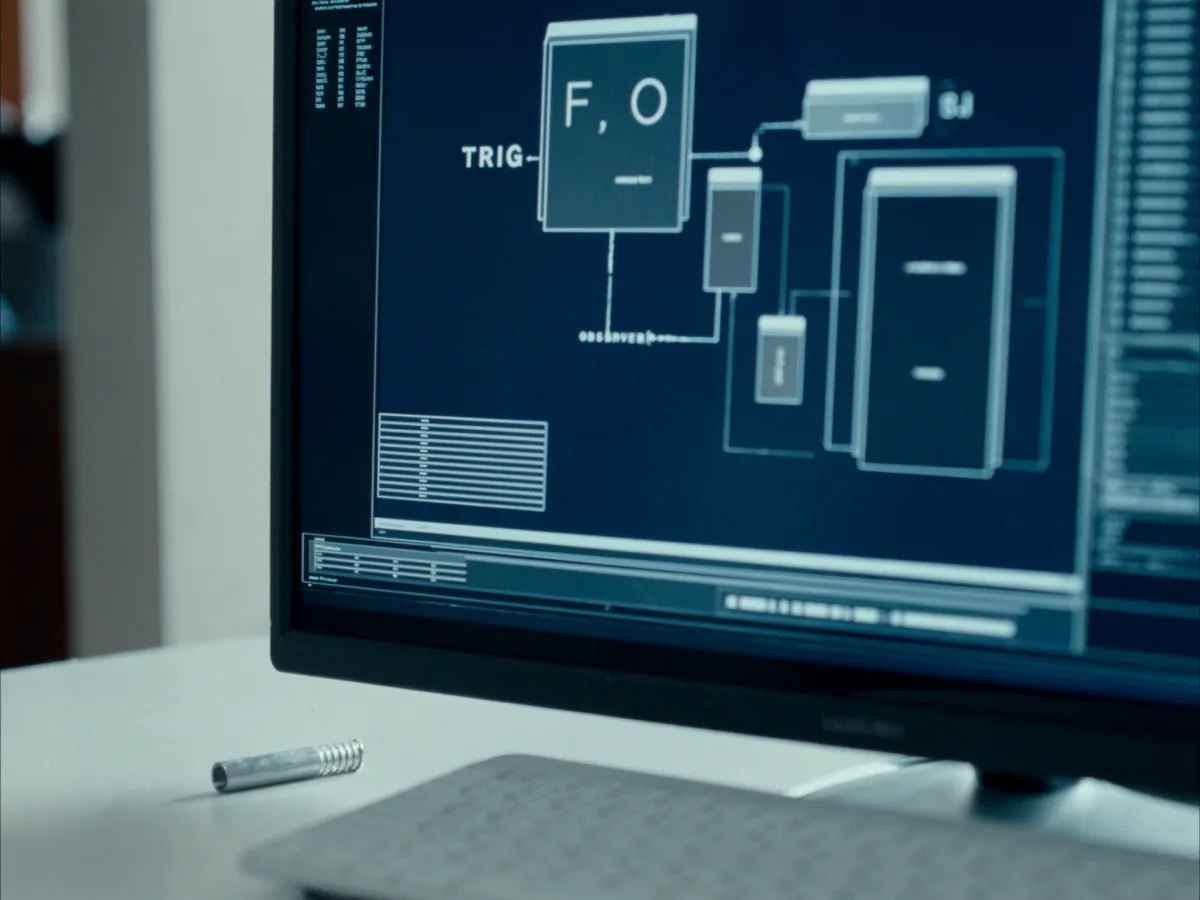 CAD workflow diagram on a monitor with a metal part beside the keyboard