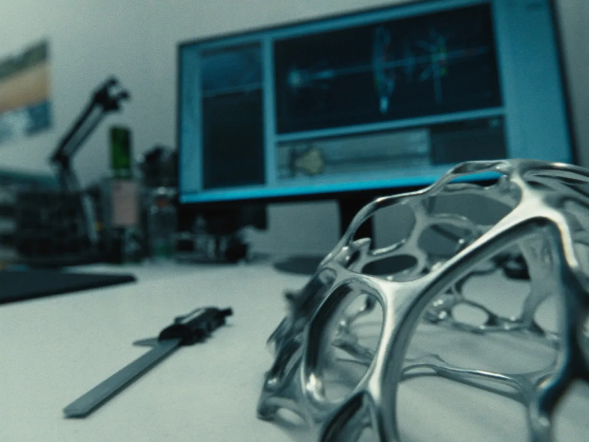 Topology-optimized lattice metal part with calipers on a desk