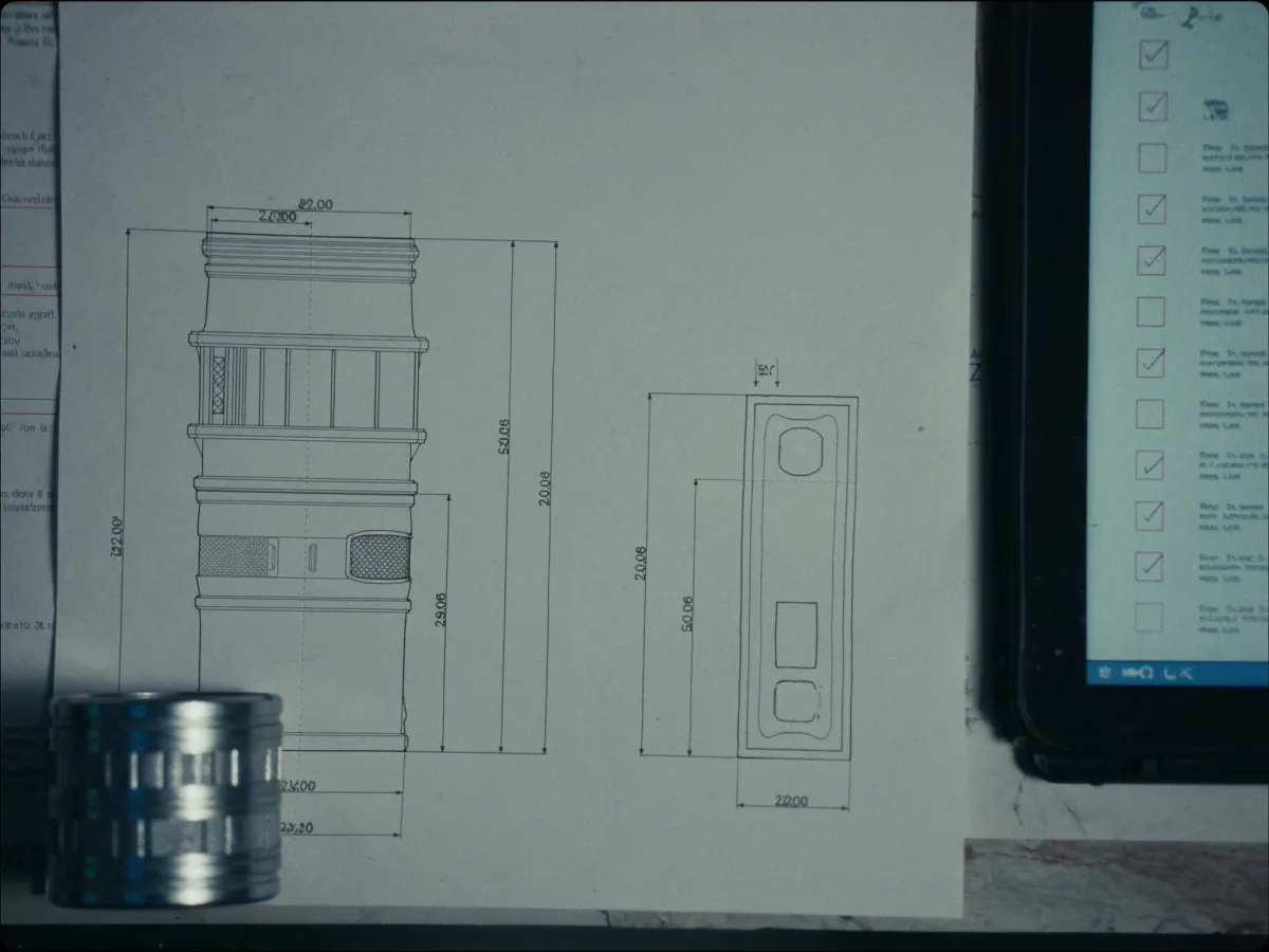 Printed technical drawing with a metal part as a paperweight